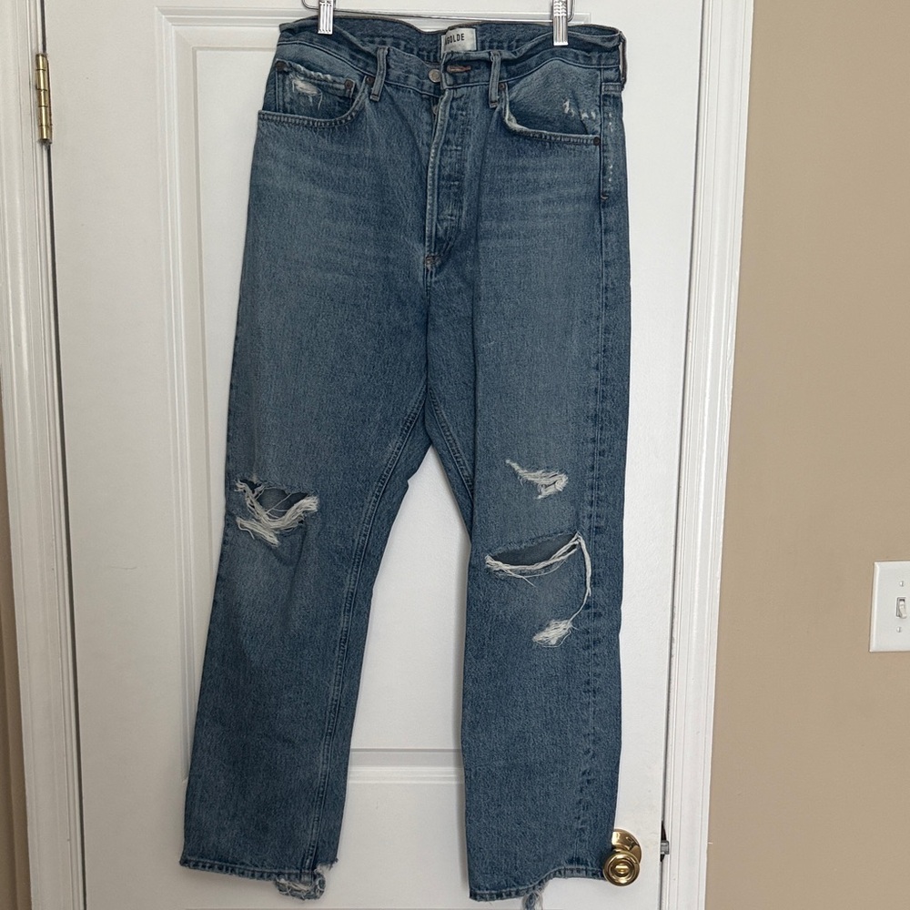 Agolde Women’s Distressed Blue Straight Jeans